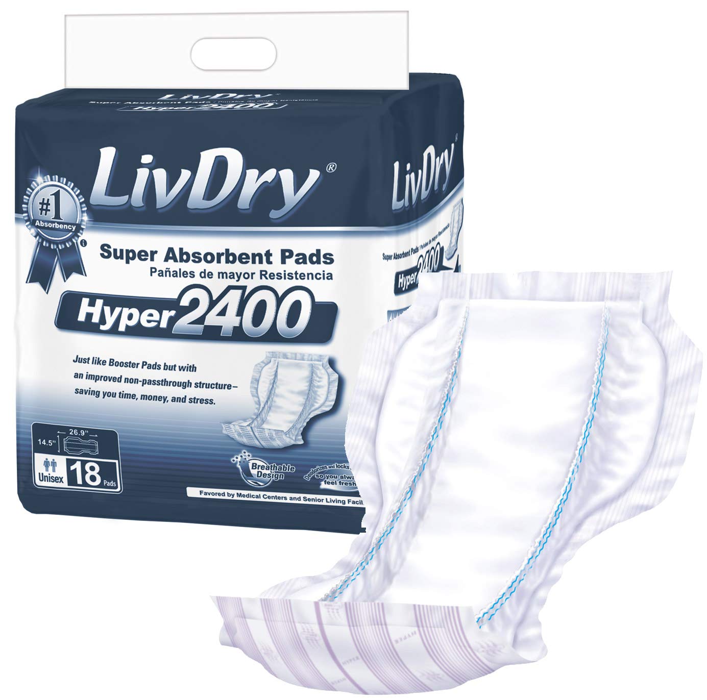 LivDry High Absorbency Pad Insert for Incontinence Briefs and Adult Diapers, Women and Men, Hyper 2400 (18 Count)