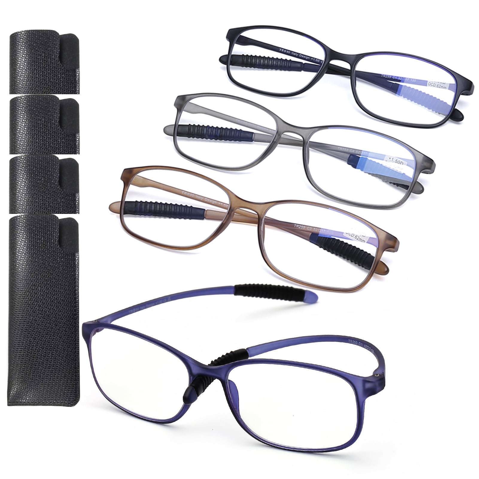 AQWANO 1.5 Reading Glasses for Men Women, Blue Light Blocking Computer Readers, 4 Pack TR90 Flexible Unbreakable Frames Lightweight Cheaters