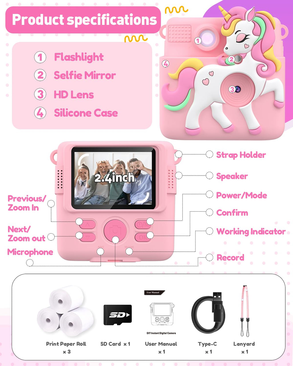 Kids Camera Instant Print,1080P Digital Camera Toy for 3-8 Girls