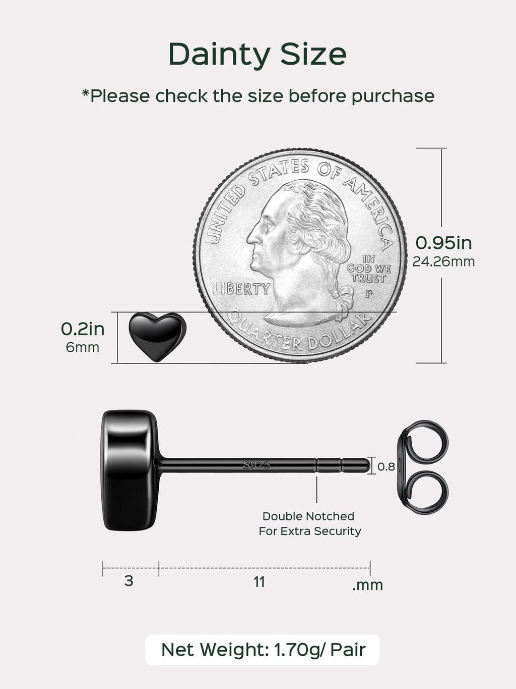 ChicSilver Black Heart Earrings for Women Sterling Silver Heart stud Earrings Hypoallergenic Black Earring 7MM
