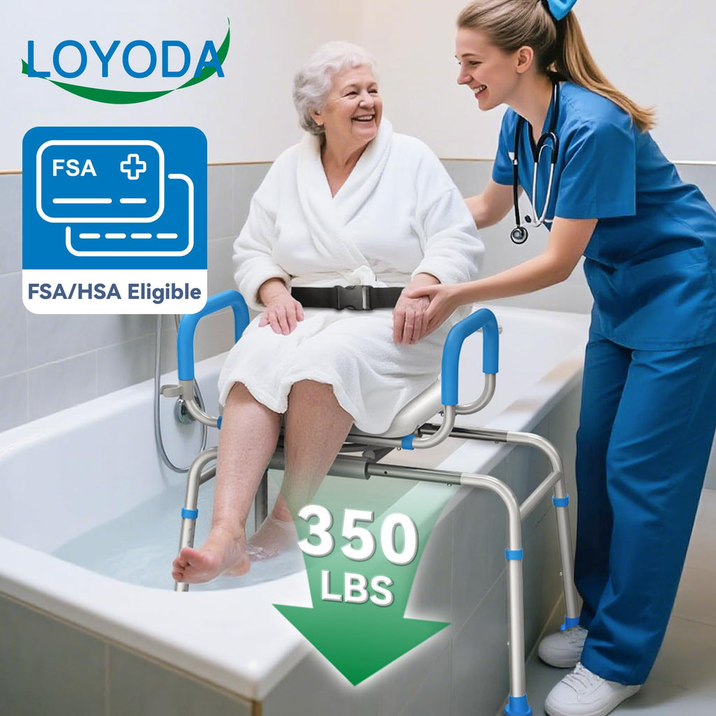 Loyoda FSA/HSA Eligible Sliding Shower Chair Tub Transfer Bench for Bathtub with Swivel Seat, Shower Bench with Pivoting Arms, Height Adjustable Shower Seat, 350 lbs,White&Blue,Standard