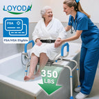 Loyoda FSA/HSA Eligible Sliding Shower Chair Tub Transfer Bench for Bathtub with Swivel Seat, Shower Bench with Pivoting Arms, Height Adjustable Shower Seat, 350 lbs,White&Blue,Standard
