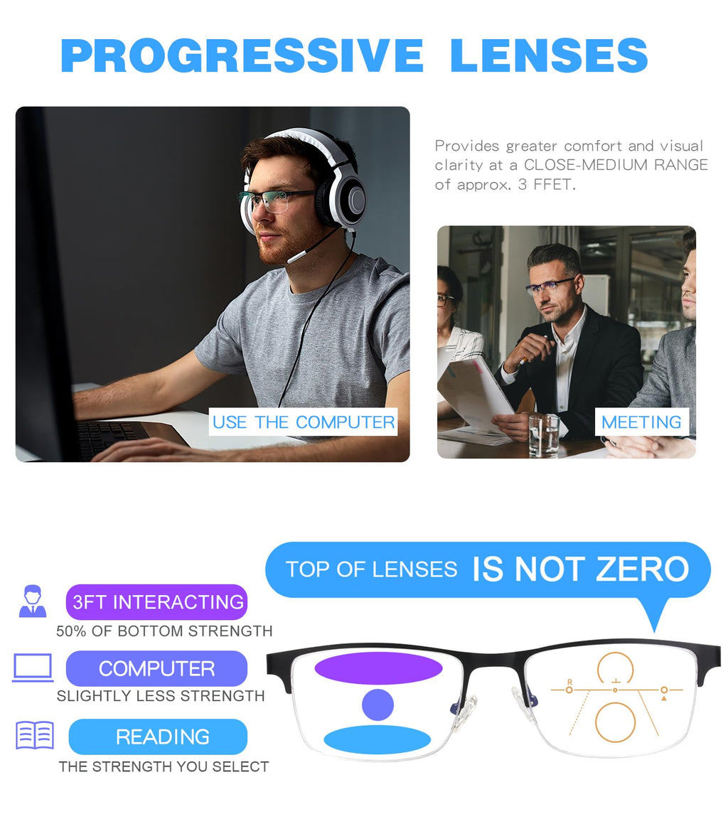 Missfive 2 Pack Mens Quality Progressive Multifocus Reading Glasses Blue Light Blocking, Man Spring Hinge No-Line Multifocal Readers Half Frame Metal Eyewear,Workspace For Near-Range, +1.5