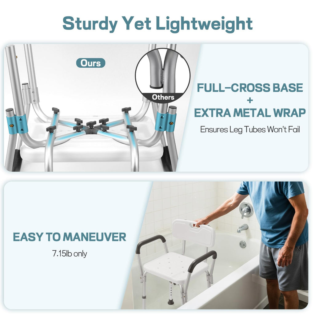TABEKE Shower Chair for Inside Shower, Heavy Duty Shower Chair with Backrest & Padded Armrest, Height Adjustable Shower Bench, Shower Seat for Bathtub, Elderly and Disabled