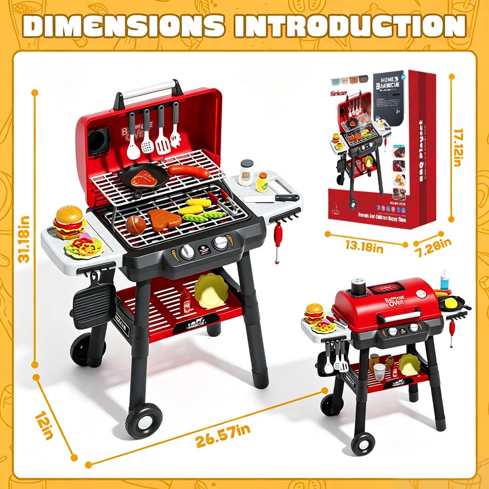 Kids Grill Playset, BBQ Toy Grill with Smoke Sound Light and Wheel, Movable Pretend Play Kitchen Toys Grills for Toddlers 3-5, 2-Layer Barbecue Play Food Christmas Birthday Gifts for Grandkids