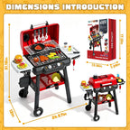Kids Grill Playset, BBQ Toy Grill with Smoke Sound Light and Wheel, Movable Pretend Play Kitchen Toys Grills for Toddlers 3-5, 2-Layer Barbecue Play Food Christmas Birthday Gifts for Grandkids