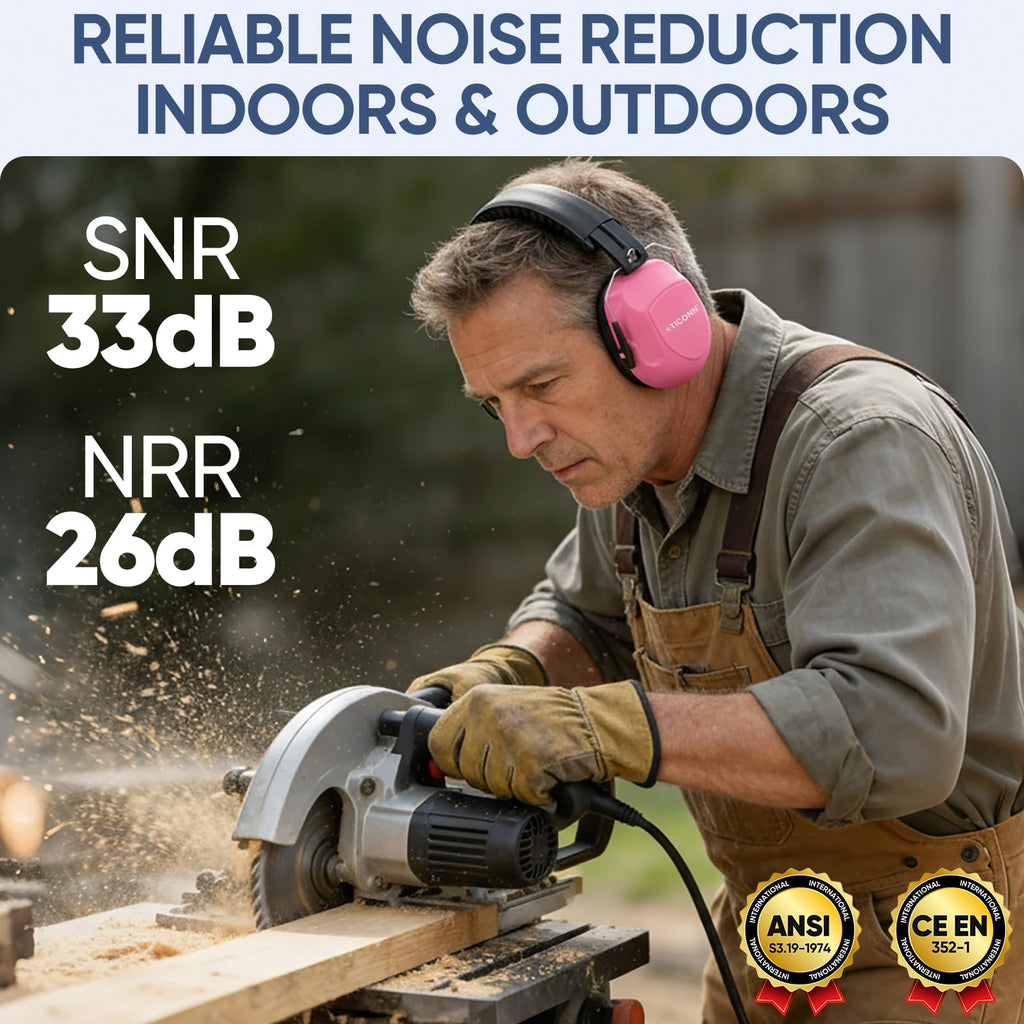 TICONN Noise Cancelling Ear Muffs for Adults, SNR 33dB Hearing Protection, Adjustable Safety Earmuffs for Construction (Soft Pink)