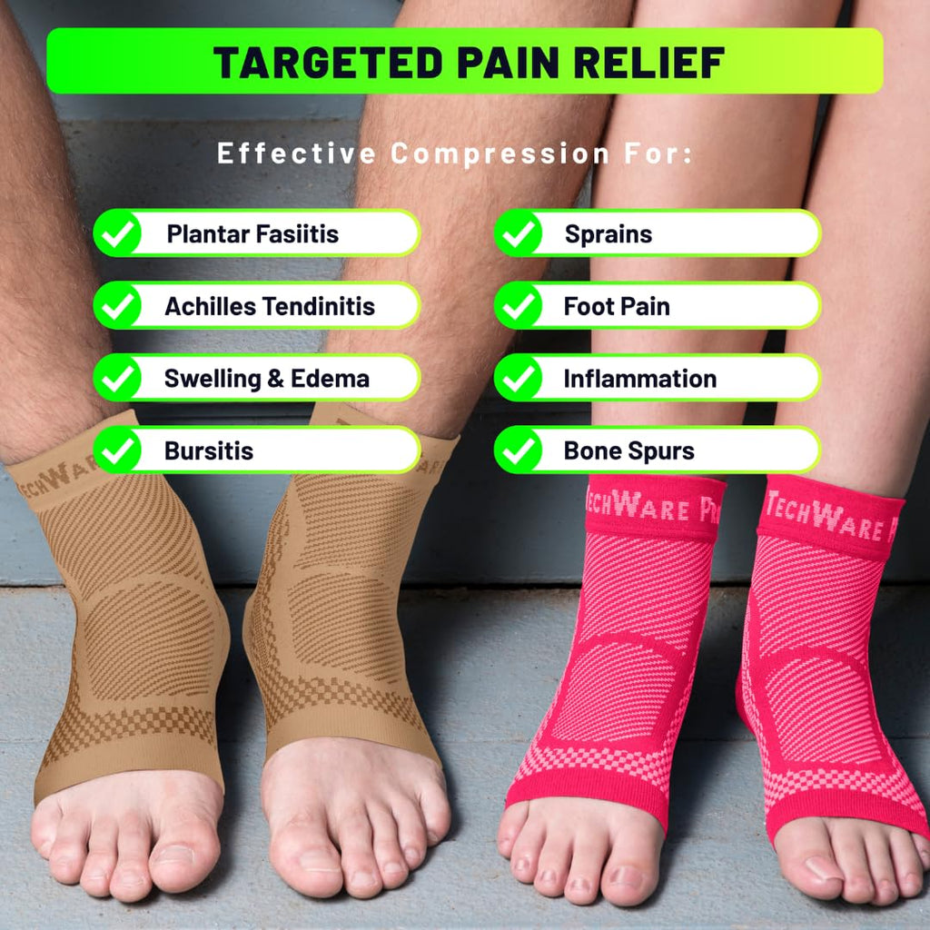 TechWare Pro Ankle Brace Compression Sleeve - Relieves Achilles Tendonitis, Joint Pain. Plantar Fasciitis Foot Sock with Arch Support Reduces Swelling & Heel Spur Pain. (Beige, XXL)
