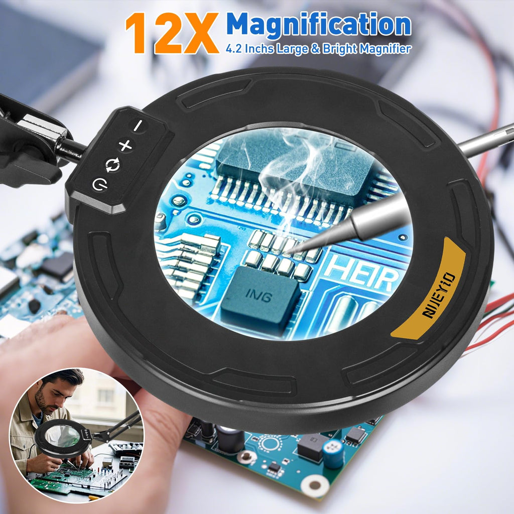NUEYiO Ultra Long 3-Section Swing Arm 12X Magnifying Glass with Light and Stand, 4-way Large Strong Metal Clamp Lighted Magnifier Lamp, 5 Color Modes LED Magnifying Lamp for Workbench, Crafting, Hobby