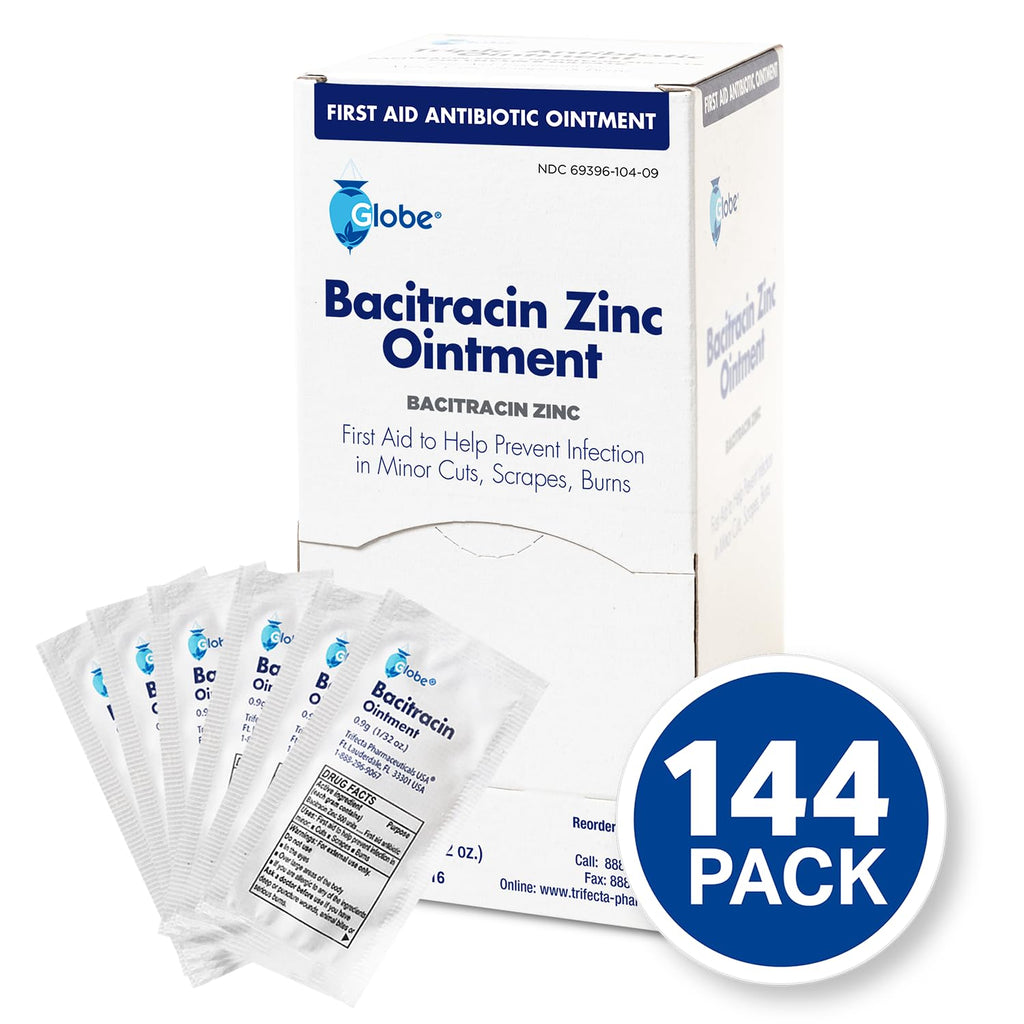 Globe Bacitracin Zinc Ointment, 144 Pack, Single Use Packets, 0.9 g