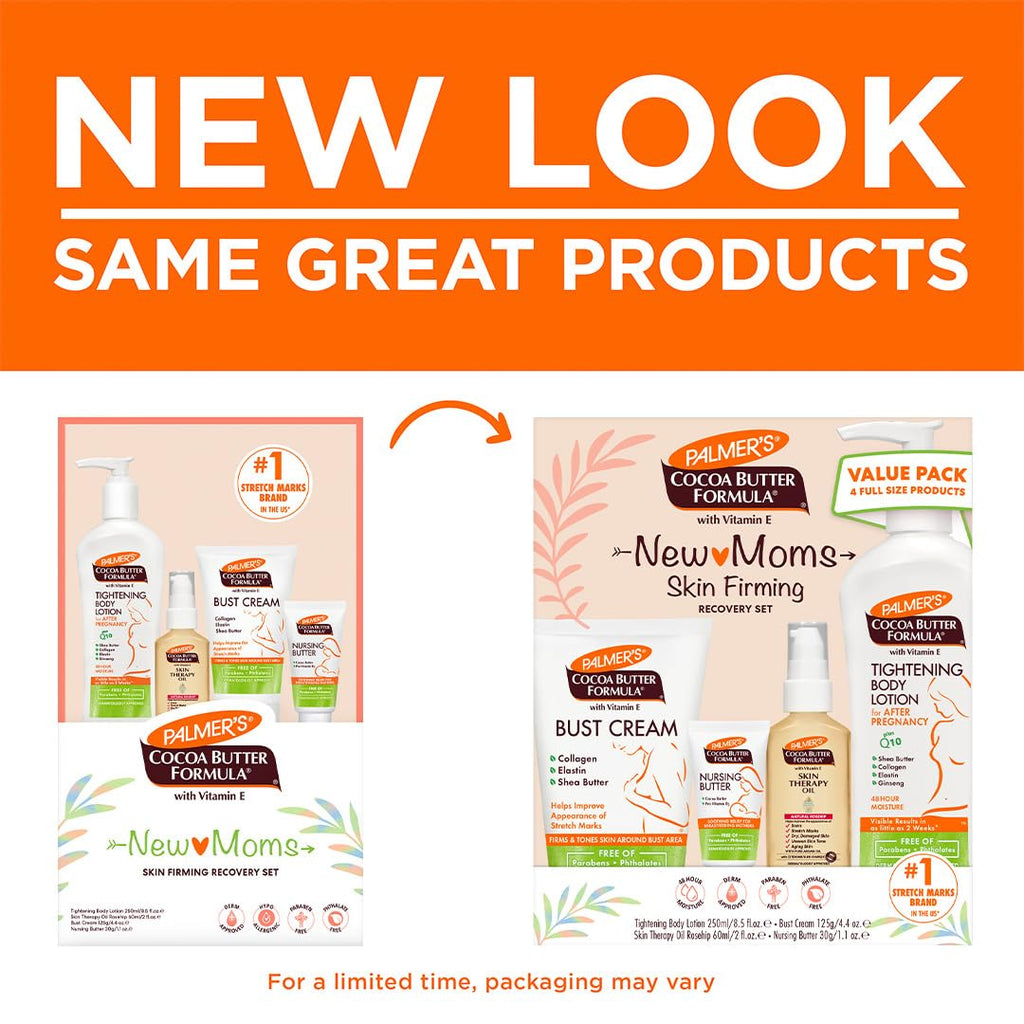 Palmer's Cocoa Butter Formula New Moms Skin Recovery Postpartum Essentials, Body Lotion (8.5 oz) + Nursing Butter (1.1 oz) + Bust Cream (4.4 oz) + Skin Therapy Oil (2 oz), Dermatologist Approved