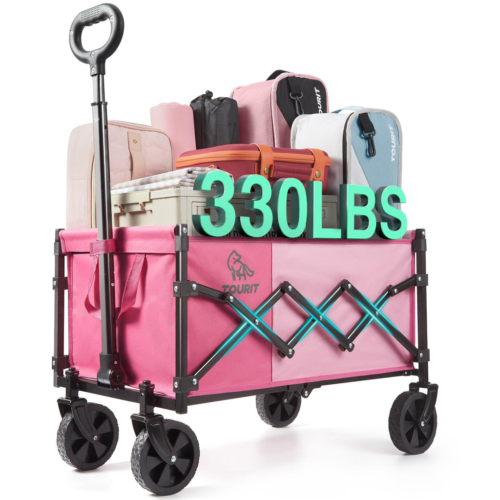 TOURIT Foldable Collapsible Wagon with All Terrain Wheels, Heavy Duty Portable Cart for Camping Beach Shopping, 330 lbs Capacity Utility Cart, Black