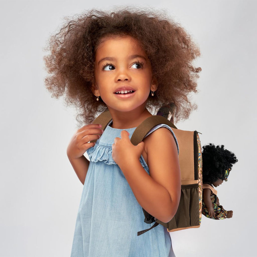 Nice2you Black Baby Doll in Take Along Backpack Carrier, 10in American African Girl Doll for Toddlers and Kids Aged 1-3 2 4 5 Year Old, Backpack for Baby Doll Accessories Storage