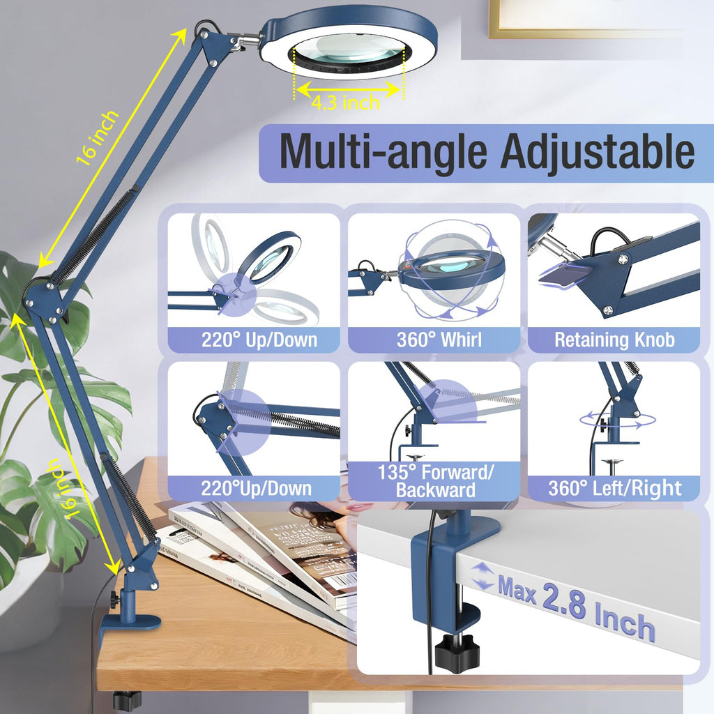 10X Magnifying Glass with Light and Clamp, Real Glass Stand Lighted Magnifier, 2*16 Arm 5 Color Modes Stepless Dimmable LED Desk Lamp Hands Free for Craft Hobby Reading Painting Close Work Large Blue