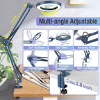 10X Magnifying Glass with Light and Clamp, Real Glass Stand Lighted Magnifier, 2*16 Arm 5 Color Modes Stepless Dimmable LED Desk Lamp Hands Free for Craft Hobby Reading Painting Close Work Large Blue