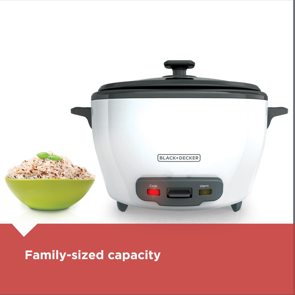 BLACK+DECKER Rice Cooker 6-Cup (Cooked) with Steaming Basket, Removable Non-Stick Bowl, White