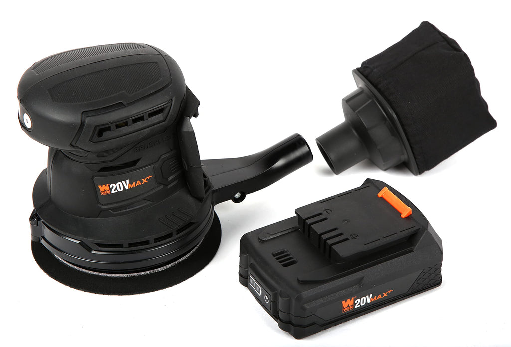 WEN Cordless Orbital Sander, Brushless with 5-Inch Random Orbit Pad, 20V Max 2.0 Ah Lithium-Ion Battery and Charger (20405),Black