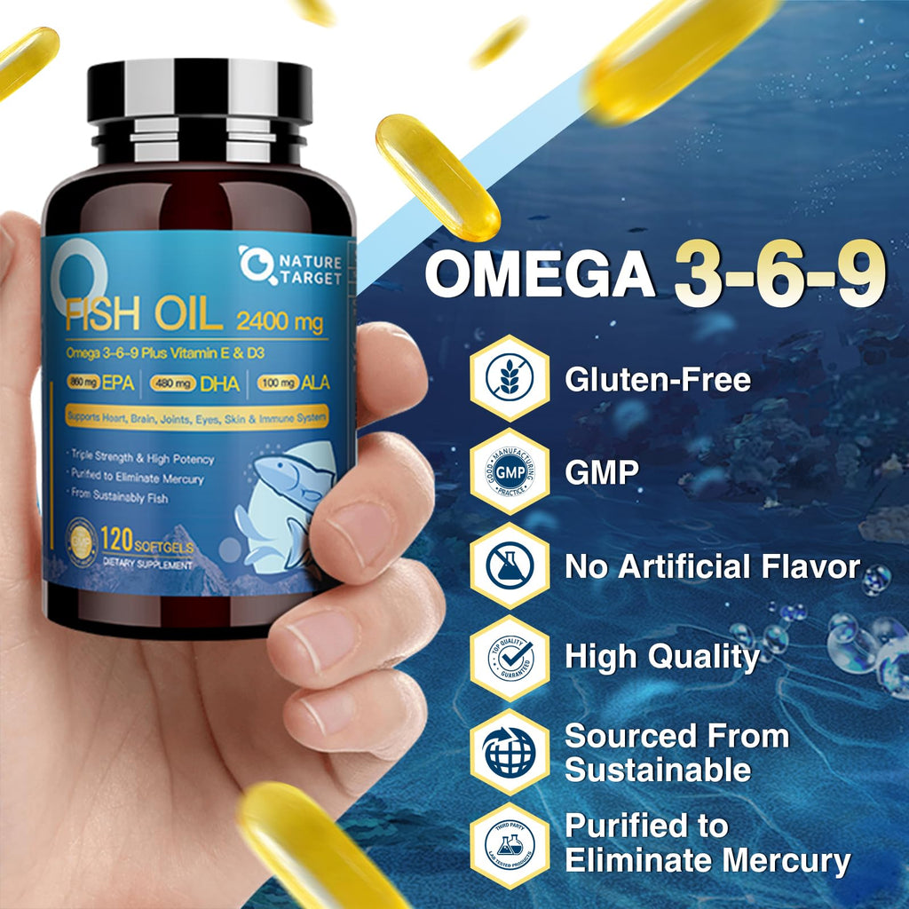 NATURE TARGET Triple Omega 3 6 9, Fish Oil 2400mg Softgels with Vitamin D3 & E - EPA & DHA & ALA - Supports Heart, Brain, Joint & Immune Health, Sustainably Sourced, Non-GMO