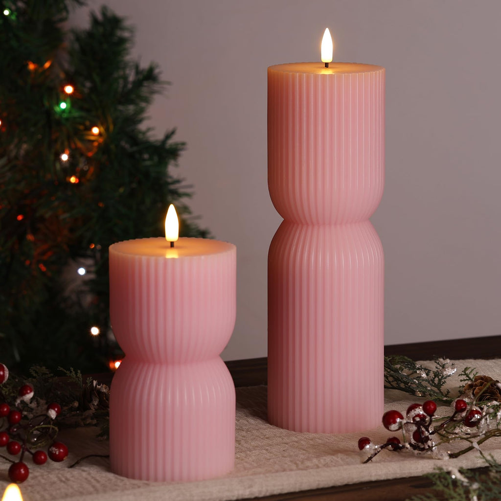 Girimax Pink Ribbed Flameless Pillar Candles with Remote, Flickering LED Candles Battery Operated Real Wax Set of 2