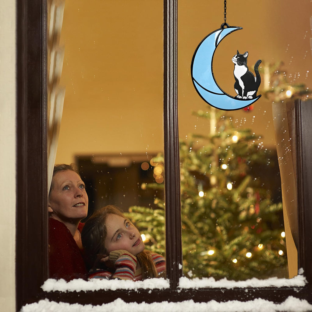 YULAIKUAI Black and White Cat Gift,Tuxedo Cat Stained Glass Art Suncatcher