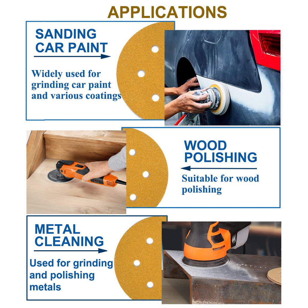 Aiyard 6-Inch 6-Hole Hook and Loop Sanding Discs 100-Grit, Random Orbital Sandpaper for Automotive and Woodworking, 100-Pack