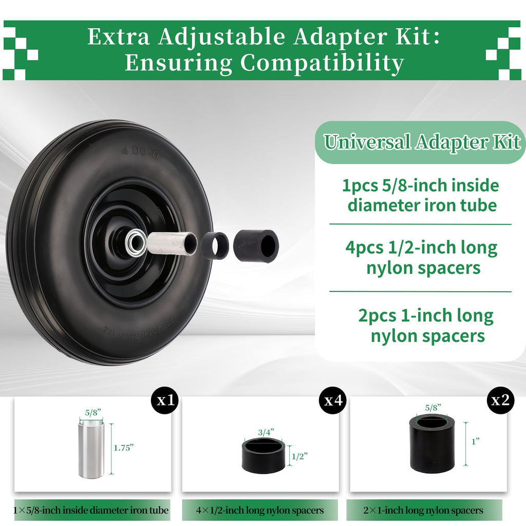 4.00-6 Flat Free Tire and Wheel, 13" Solid Wheelbarrow Tires, Adapter Kit