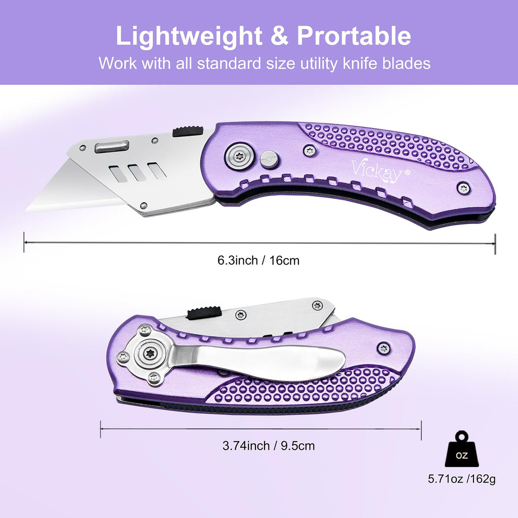 Vickay Folding Utility Knife, Box Cutter with 5 SK5 Quick Change Blades, Safety Axis Lock Design Razor Knife, Lightweight Aluminum Handle Belt Clip for Office Home Artcraft （Light Purple)