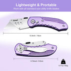 Vickay Folding Utility Knife, Box Cutter with 5 SK5 Quick Change Blades, Safety Axis Lock Design Razor Knife, Lightweight Aluminum Handle Belt Clip for Office Home Artcraft （Light Purple)