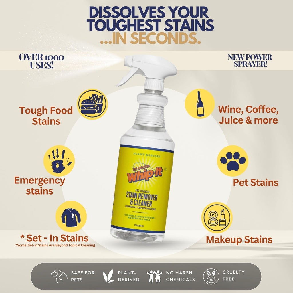 Whip-It Stain Remover and Concentrate Kit, 2-32oz Concentrates & 1-32 OZ Pro Spray Stain Remover, Makes 64 Bottles, Removes Coffee, Wine, Baby Stains, Pet Stains, Plant Based, Enzyme Cleaner, 500 Uses