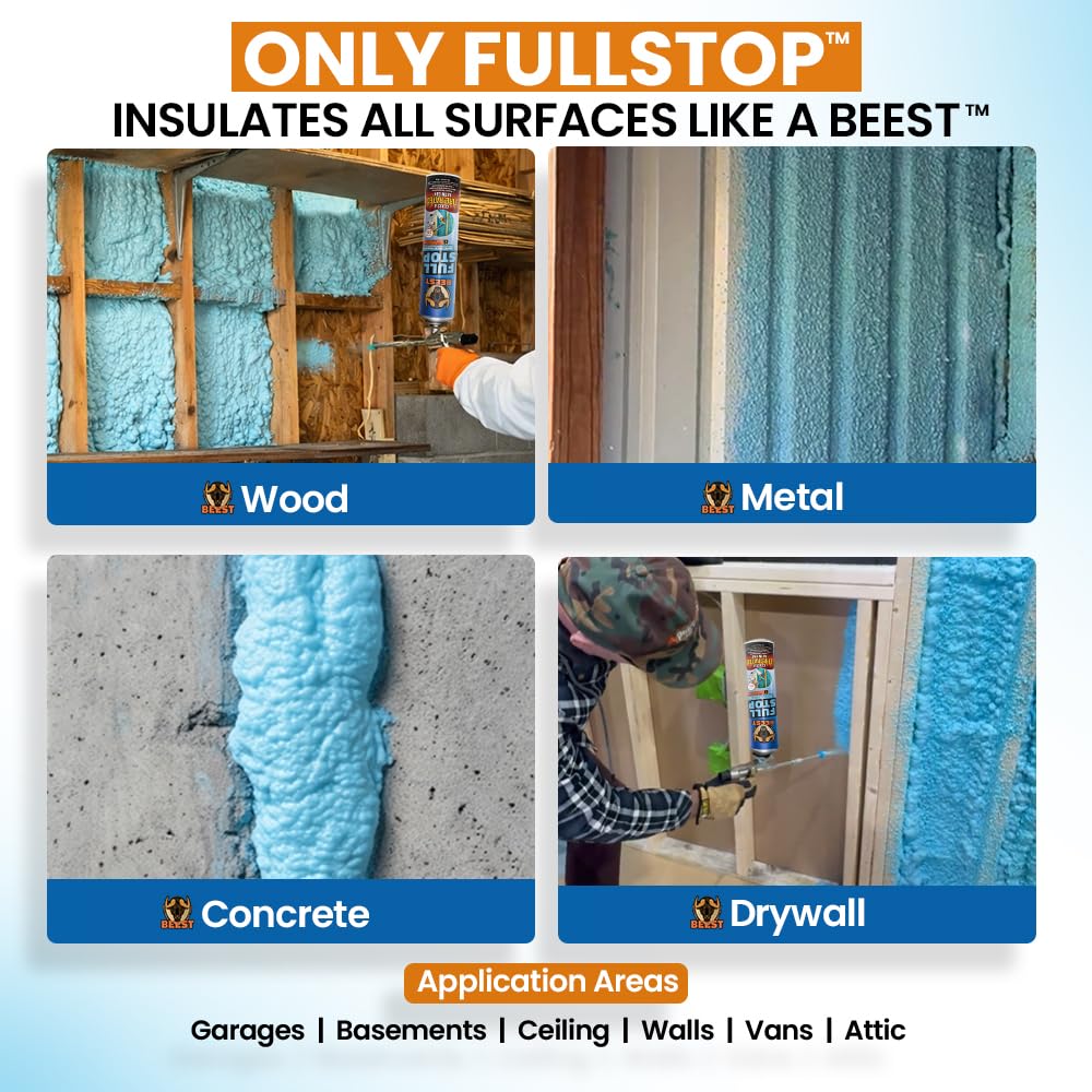 BEEST FullStop Spray Foam Insulation Kit - 480 Board ft/sq.ft. Fire Rated Spray Insulation Foam for Walls & Attics with Thermal & Soundproofing - Includes 24x Cans, 2 Cleaner, Pro X Gun, Safety Gear