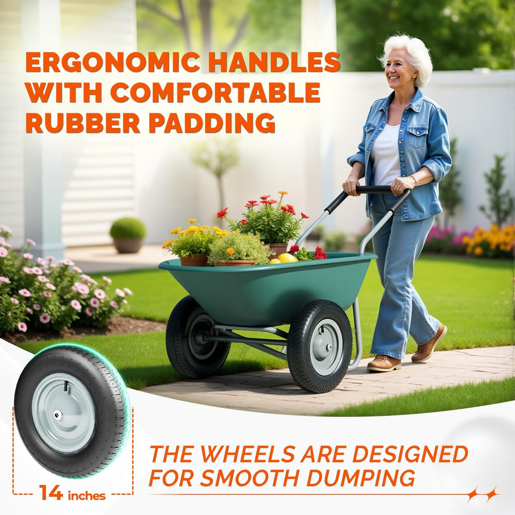 IDZO Upgrade 2 Wheel Wheelbarrow, Yard Cart with Padded Handlebar, 14 Inch