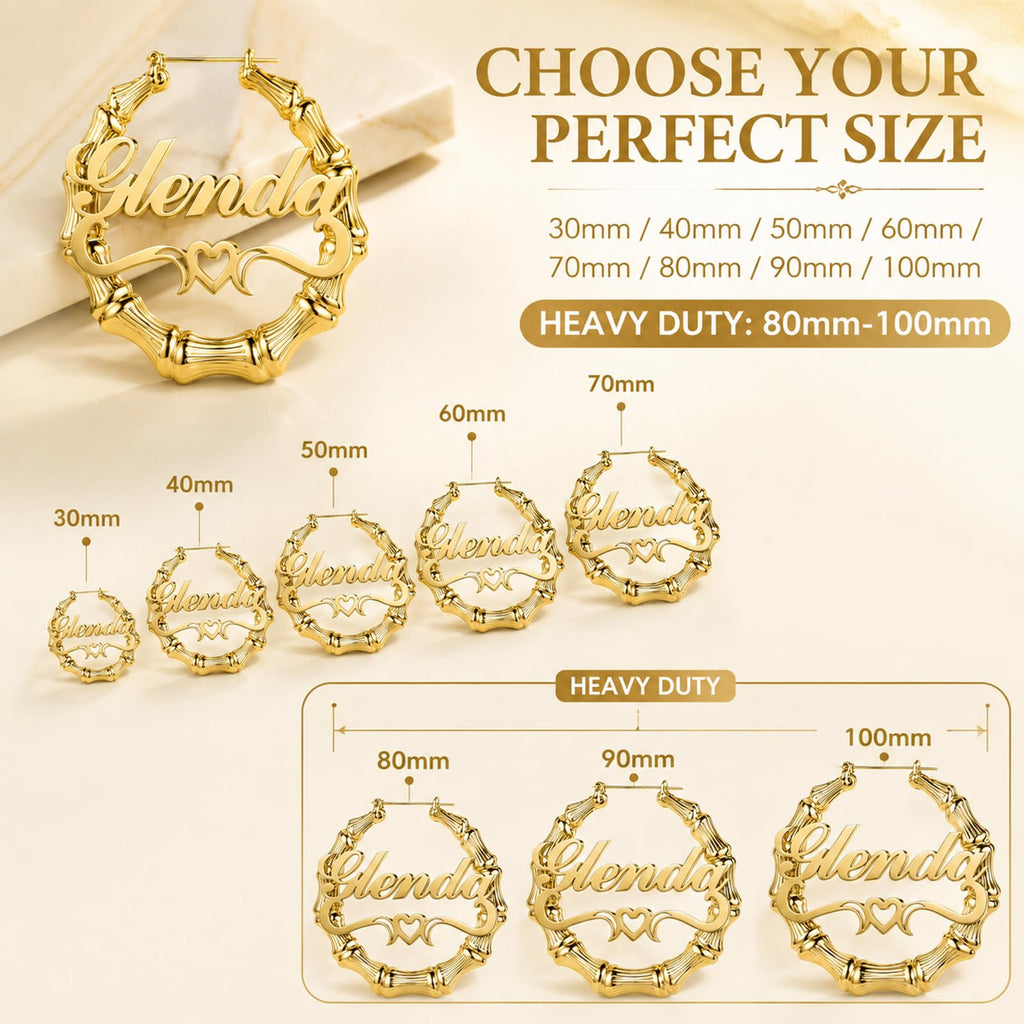 Handmade Bamboo Hoop Earrings for Women Gold Personalized Name Earrings Custom Engraved Stainless Steel Hypoallergenic Birthday Christmas Gift for Mom Grandma (Earring-hoop)