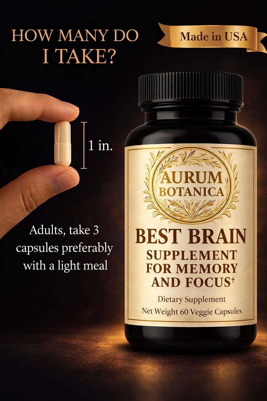AURUM BOTANICA Best Brain Supplement for Memory and Focus - L-Theanine, Lion's Main, Vitamin B6, B12, D3, Folate, L-Tyrosine, Bacopa Monnieri, Alpha GPC, Theacrine, 30mg of Natural Caffeine (60 Count)