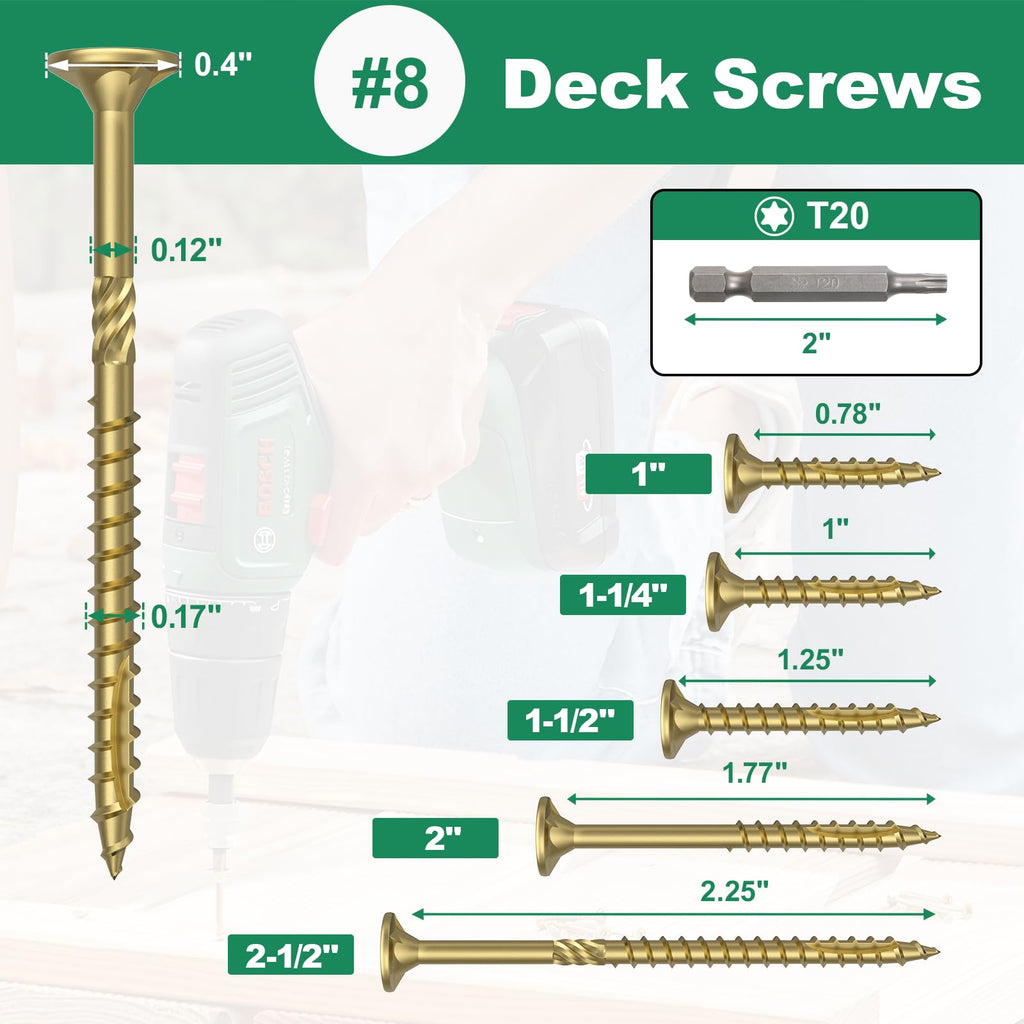 #8 x 1-5/8” Deck Screws, 1000Pcs Star Drive Wood Screws
