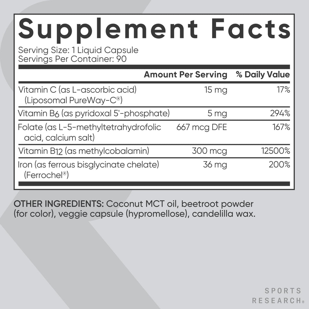 Sports Research® Blood Balance Iron Supplement - 36 MG Iron + Folate & Vitamin C for Absorption - Red Blood Cell Support for Women & Men* - Vegan Certified · Non-GMO · Gluten-Free - 90 Capsules