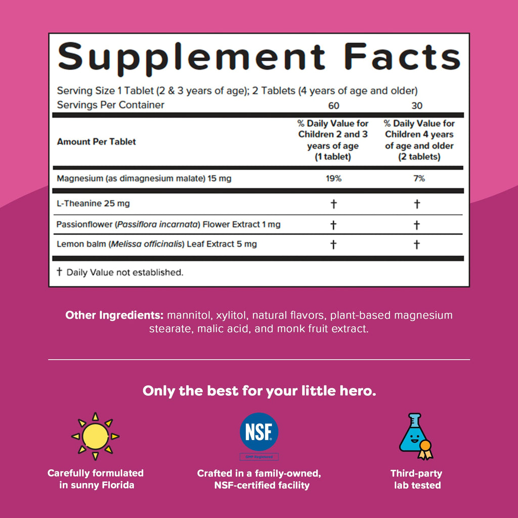 Renzo's Captain Calm, Kids Magnesium Supplement with L-theanine, Dissolvable Kids Vitamins for Relaxation and Mood Support, Sugar-Free Calming Supplement, 60 Green Apple Flavored Melty Tabs