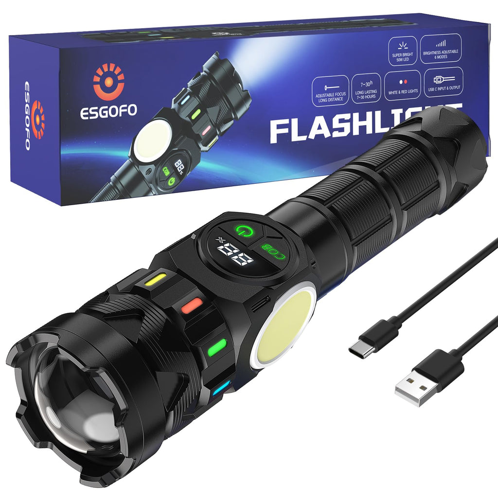 Esgofo Rechargeable Flashlights High Lumens 100000 Long Lasting LCD Display, Super Bright 50W LED, Quick USB C Charge & Output, Double Source & Buttons with Red Light, for Home Camping Hiking