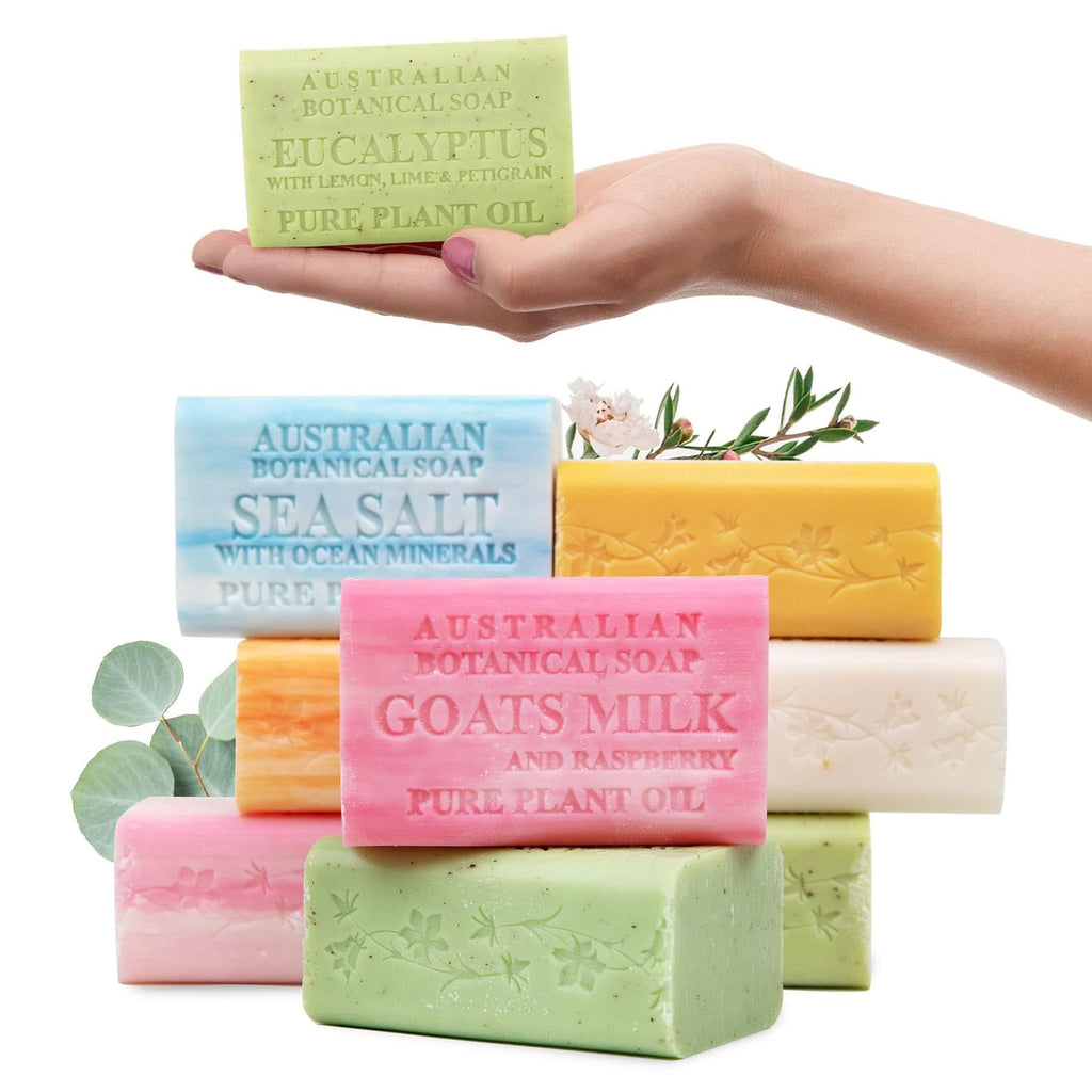 Australian Botanical Soap Variety Pack, 6.6 oz Bars – Goat Milk, Eucalyptus, Manuka Honey, Sea Salt, Pink Lychee, Lemongrass, Raspberry, Valencia Orange – Enriched with Organic Shea Butter, Pack of 8