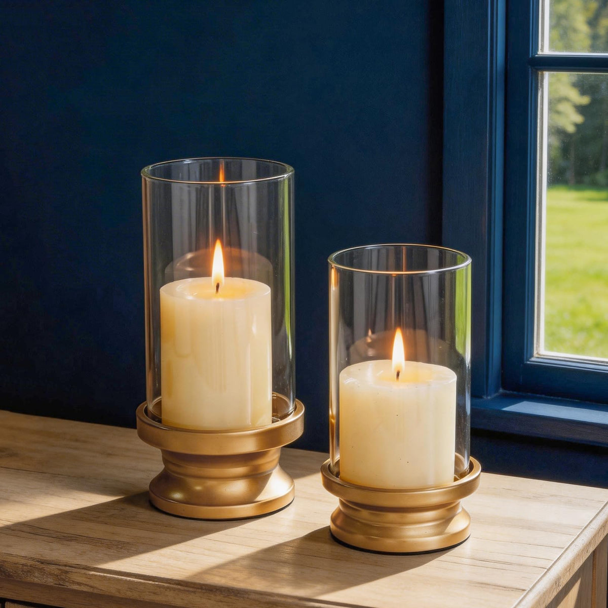 NUPTIO Hurricane Glass Candle Holders for Pillar - Matte Gold - Set of 2