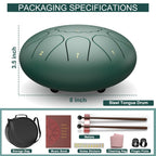 Rain Drum for Outside Garden, 8 Inches 11 Notes Steel Tongue Drum, Waterproof Meditation Rain Chime, Musical Instruments for Adult Gift with Bag, Music Book, Mallets (Green)