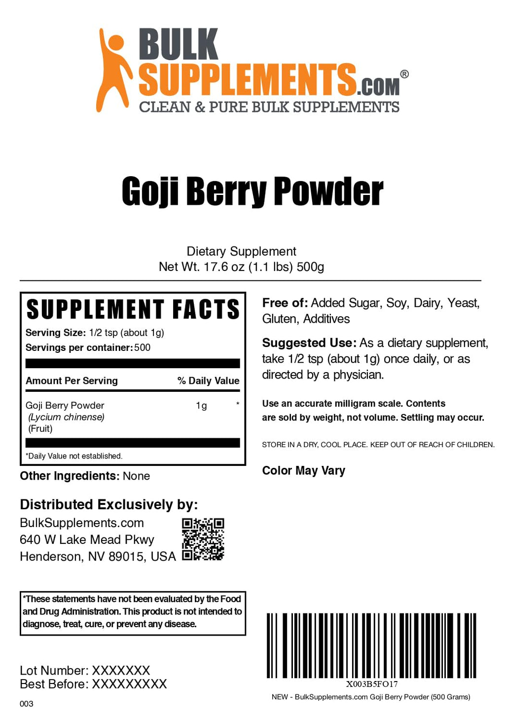 BulkSupplements.com Wolfberry Extract Powder -Goji Berries Supplement, Fruit Powder - Vegan & Gluten Free, 1g per Serving, 500g (1.1 lbs) (Pack of 1)