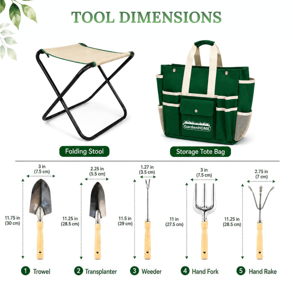 GardenHOME 7-Piece Gardening Tool Set with Folding Stool and Storage Tote Bag, Stainless Steel Garden Tools with Wooden Handles, Garden Kit for Planting, Weeding, Pruning, Yard Work, Gardening Gifts