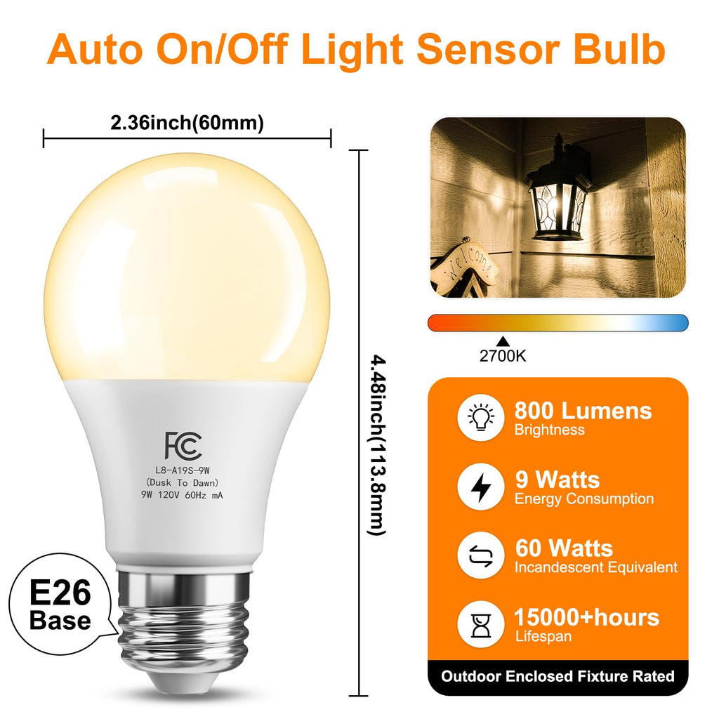 TJOY Dusk to Dawn Light Bulb Outdoor, Light Sensor, Automatic On/Off, 2700K