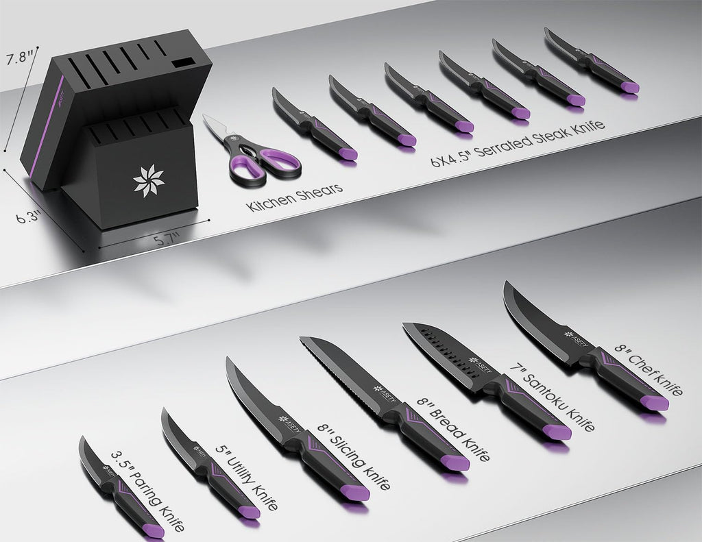 Knife Set - 15 PCS Kitchen Knife Set with Built-in Knife Sharpener Block - Stainless Steel Knife Block Set - Dishwasher Safe, Christmas Elegant Box for Men Women