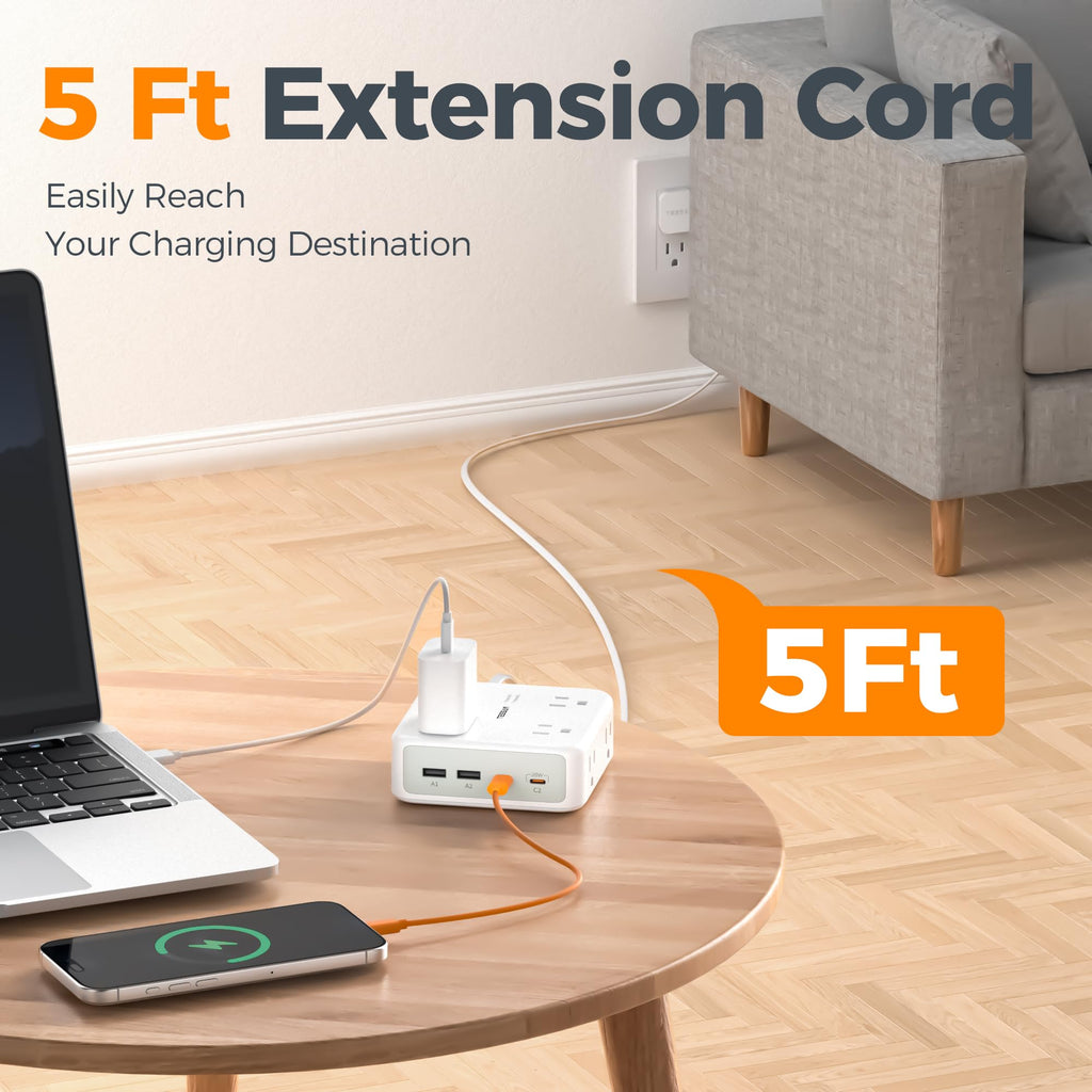 TESSAN Dual Surge Protector Power Strip, 5 Ft Extension Cord Flat Wall Plug