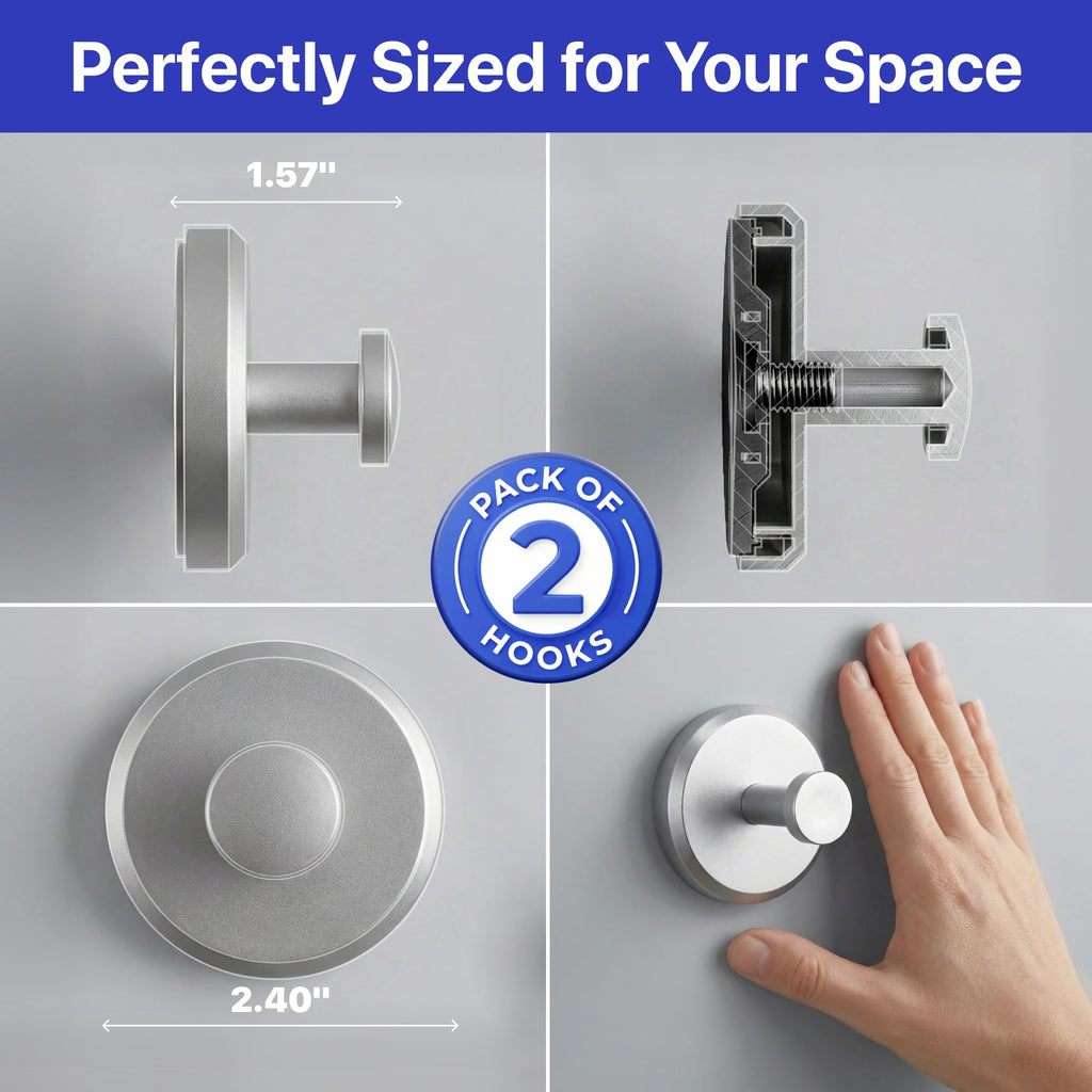 HOME SO Suction Cup Hooks for Shower & Bathroom Towel Holder 2-Pack – Suction Cups Hooks for Hanging Towels, Robes, & Coats - Tiles, Glass Door or Mirror – Shower Hooks & Towel Hooks Organizer -Nickel