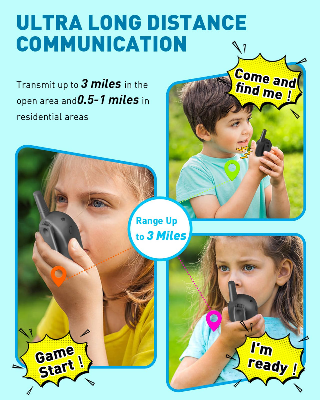 Walkie Talkies for Kids Long Range: 4 Pack 4-Color Replaceable Back Shell