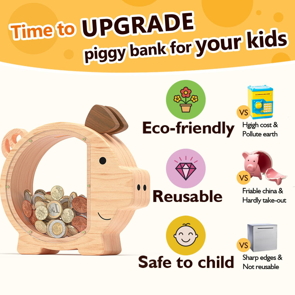 Summidate Piggy Bank for Kids,Large Wooden Pig Money Bank for Boys Girls