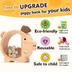 Summidate Piggy Bank for Kids,Large Wooden Pig Money Bank for Boys Girls