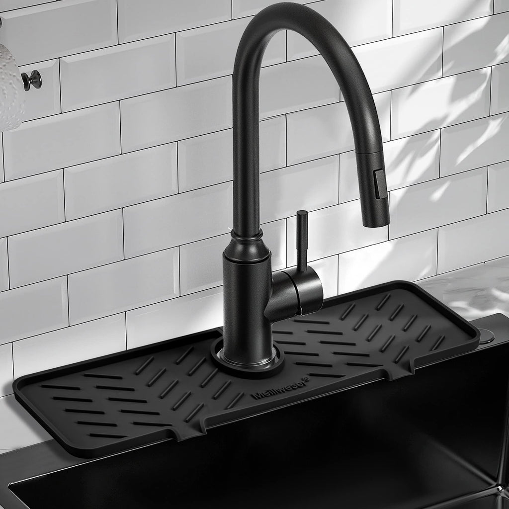 Meiliweser Silicone Faucet Mat for Kitchen Sink – Gen 2 Splash Guard with Upgraded Outlet & Slope – 18” x 5.1” Water Catcher & Sink Sponge Holder for Kitchen and Bathroom (Black)